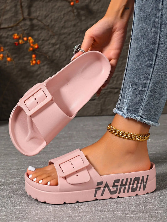 Women's Slides – Chunky Sole, Adjustable Strap, Cushioned