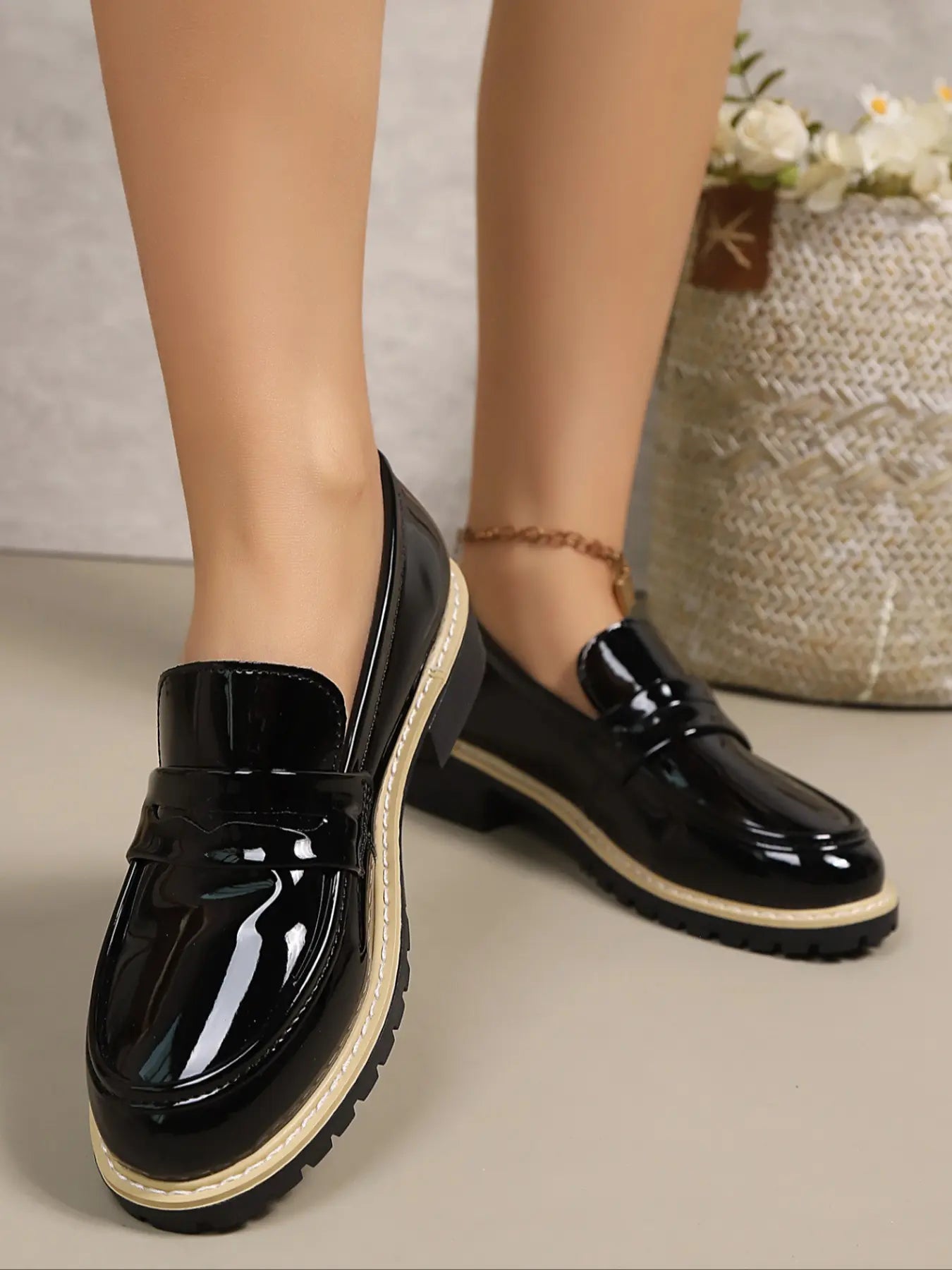 Women's Faux Leather Loafers – Pointed Toe, Chunky Sole, Low Heel