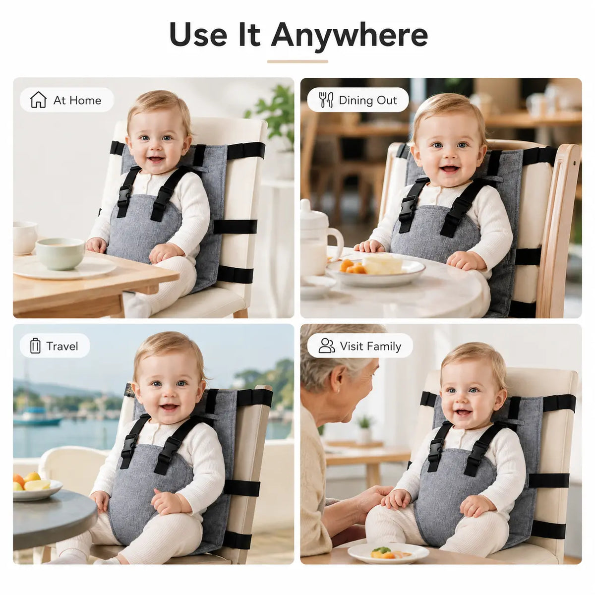 Portable Baby Seat Harness for Dining Chairs, Foldable Toddler Safety Seat with Adjustable Shoulder Straps