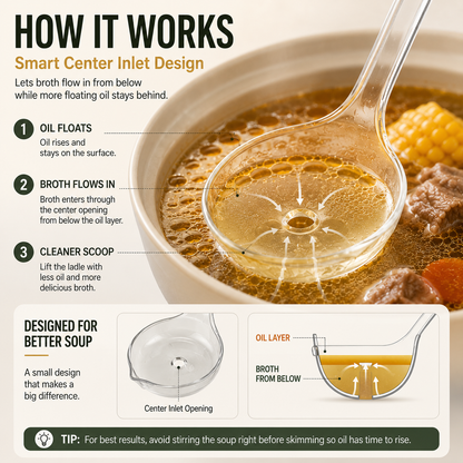 Fat Skimmer Ladle | Clear Oil Separator Spoon for Soup, Broth & Stew