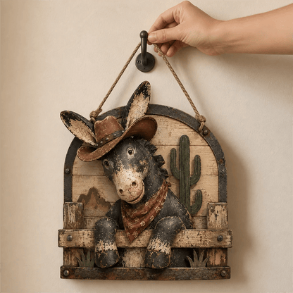 Rustic Cowboy Donkey Wall Hanging – Western Farmhouse Décor & Country Keepsake