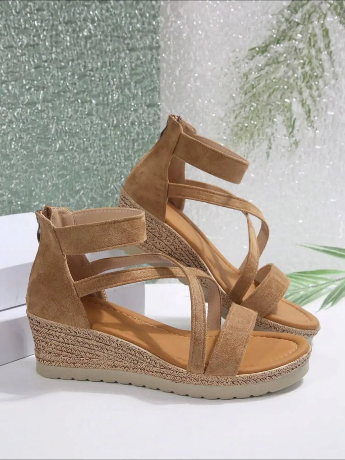 Women's Velvet Wedge Sandals – Chunky Sole, Cross-Strap