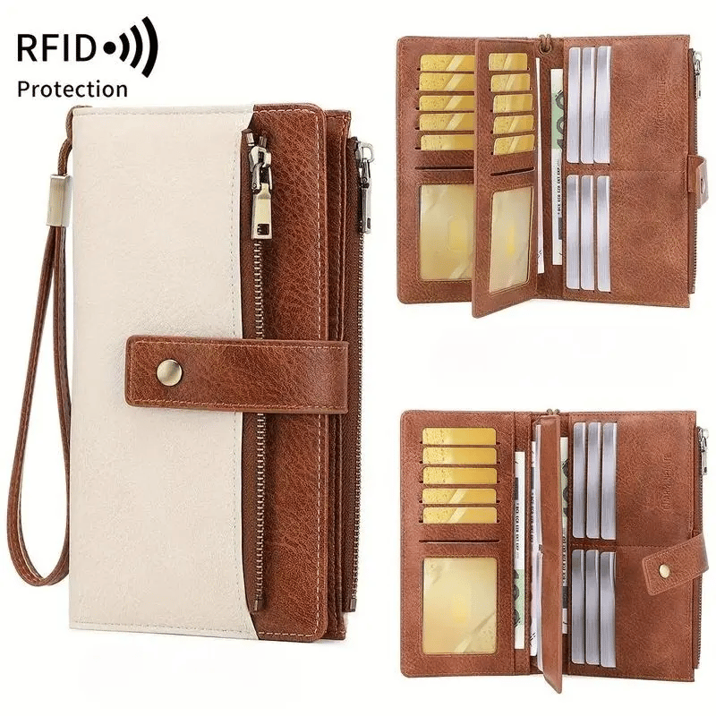 Women's long wallet, stylish clutch, elegant solid color RFID blocking leather wallet