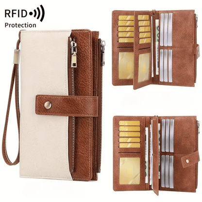 Women's long wallet, stylish clutch, elegant solid color RFID blocking leather wallet