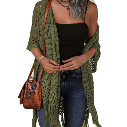 2026 Women’s Lightweight Knit Cardigan – Oversized Open Front, Hollow-Out Crochet Tassel Kimono Sweater for Spring & Summer