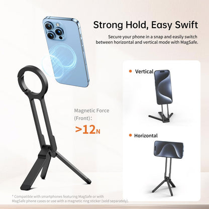 Magnetic Phone Tripod for iPhone – Portable Magsafe Holder with Strong Grip & Foldable Hook