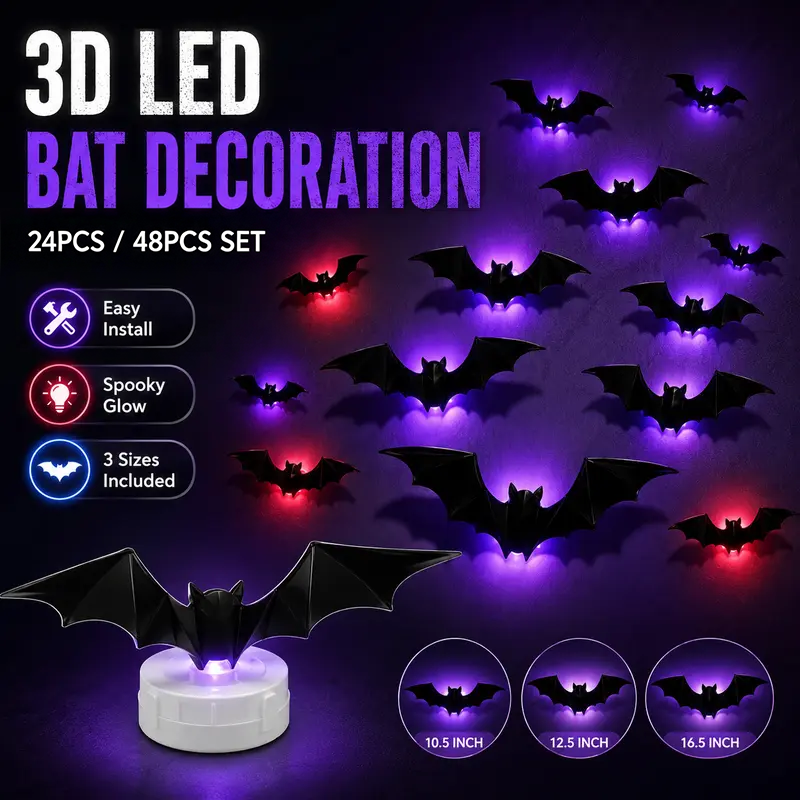 3D Bat Light LED Decorations, Halloween Spooky Ornaments, Bendable Wall Stickers