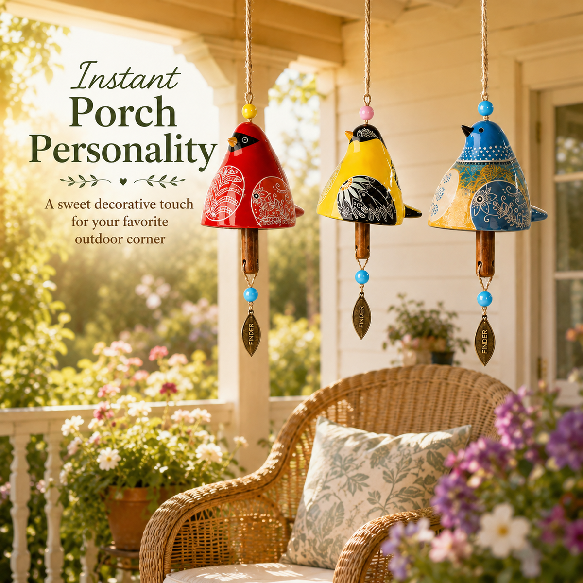 Resin Bird Wind Chime | Colorful Folk Art Garden Hanging Decor