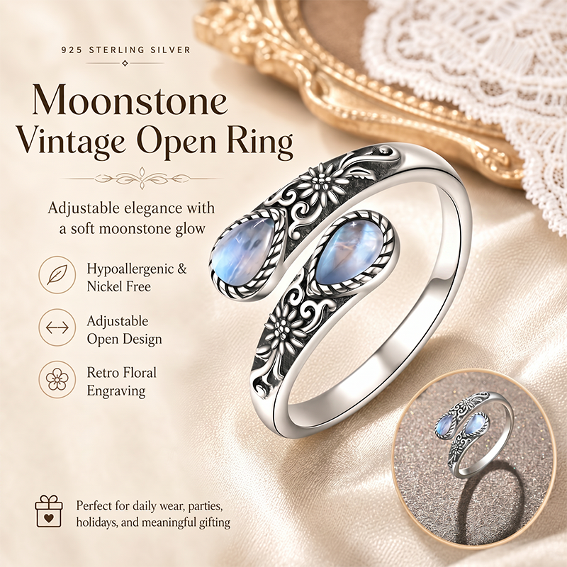 Last Day 50% OFFMoonstone Bloom Ring | Vintage Style • Adjustable Fit • Timeless Elegance