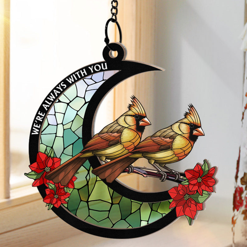 In Loving Memory Cardinal Stained Glass Moon Ornament – Personalized Window Suncatcher