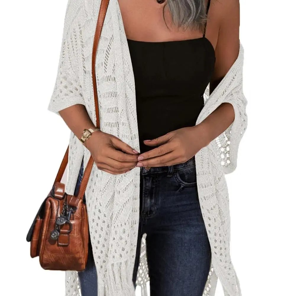 2026 Women’s Lightweight Knit Cardigan – Oversized Open Front, Hollow-Out Crochet Tassel Kimono Sweater for Spring & Summer