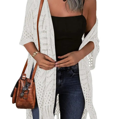 2026 Women’s Lightweight Knit Cardigan – Oversized Open Front, Hollow-Out Crochet Tassel Kimono Sweater for Spring & Summer