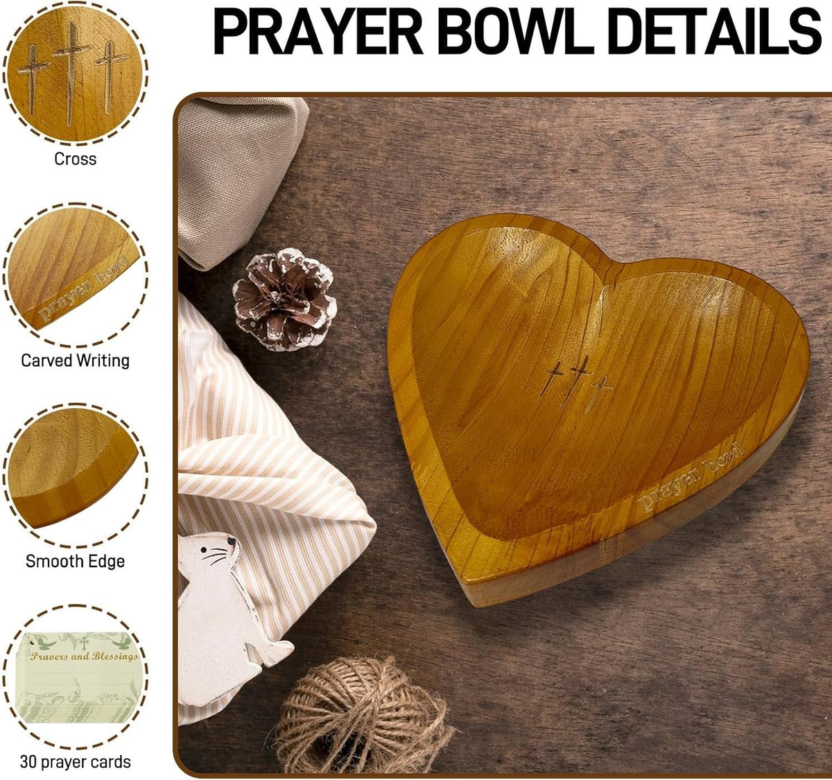 Handcrafted Wooden Heart Prayer Bowl Set