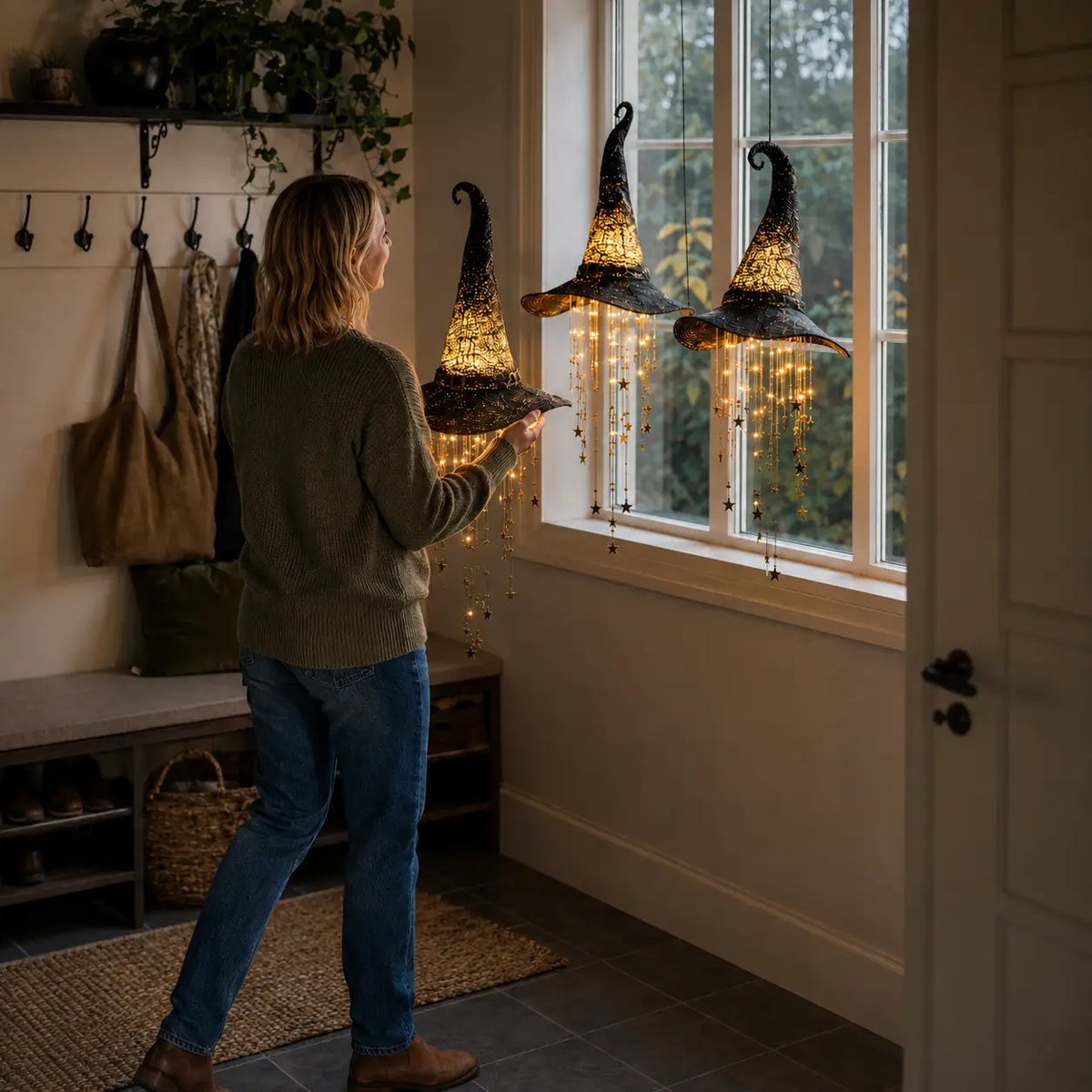 Lighted witch Hat Hanging Decor with Cascading Stars