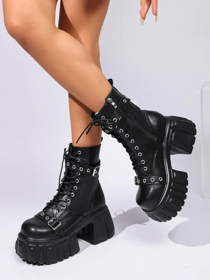 Women's Punk Mid-Calf Boots – Chunky Sole, High Heel