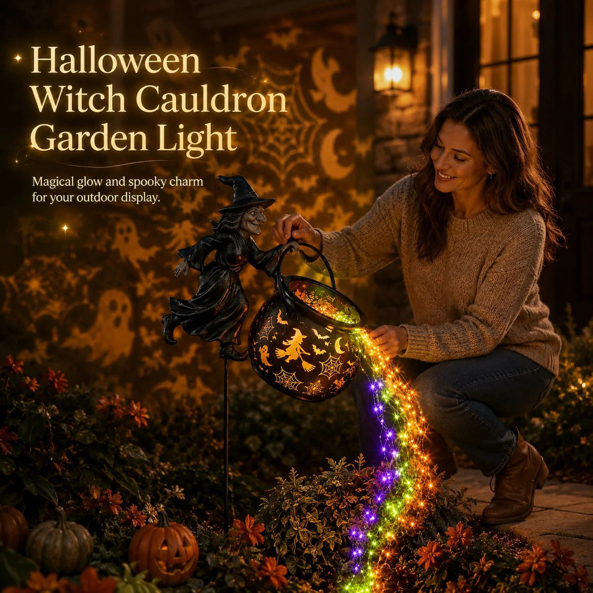 LAST DAY 50% OFF- Flying Witch & Glowing Cauldron Garden Light – Magical Halloween Yard Display
