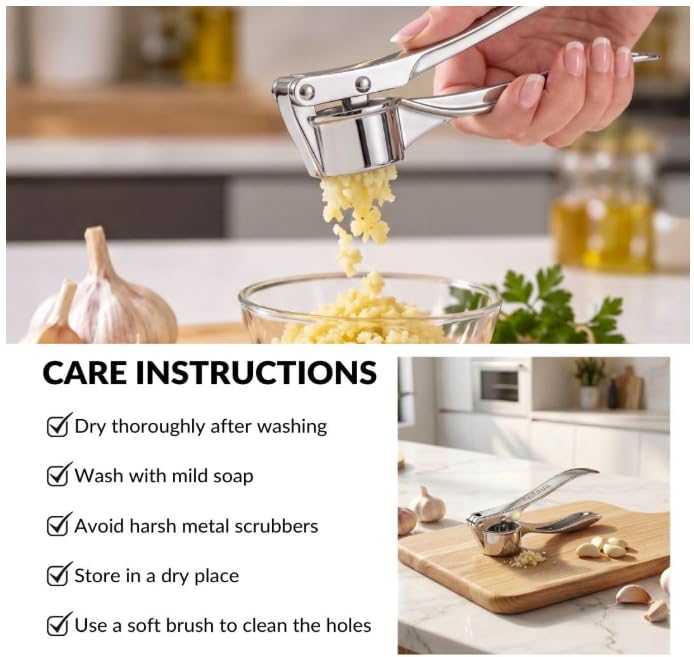 Stainless Steel Garlic Press, Heavy Duty Manual Garlic Crusher Tool