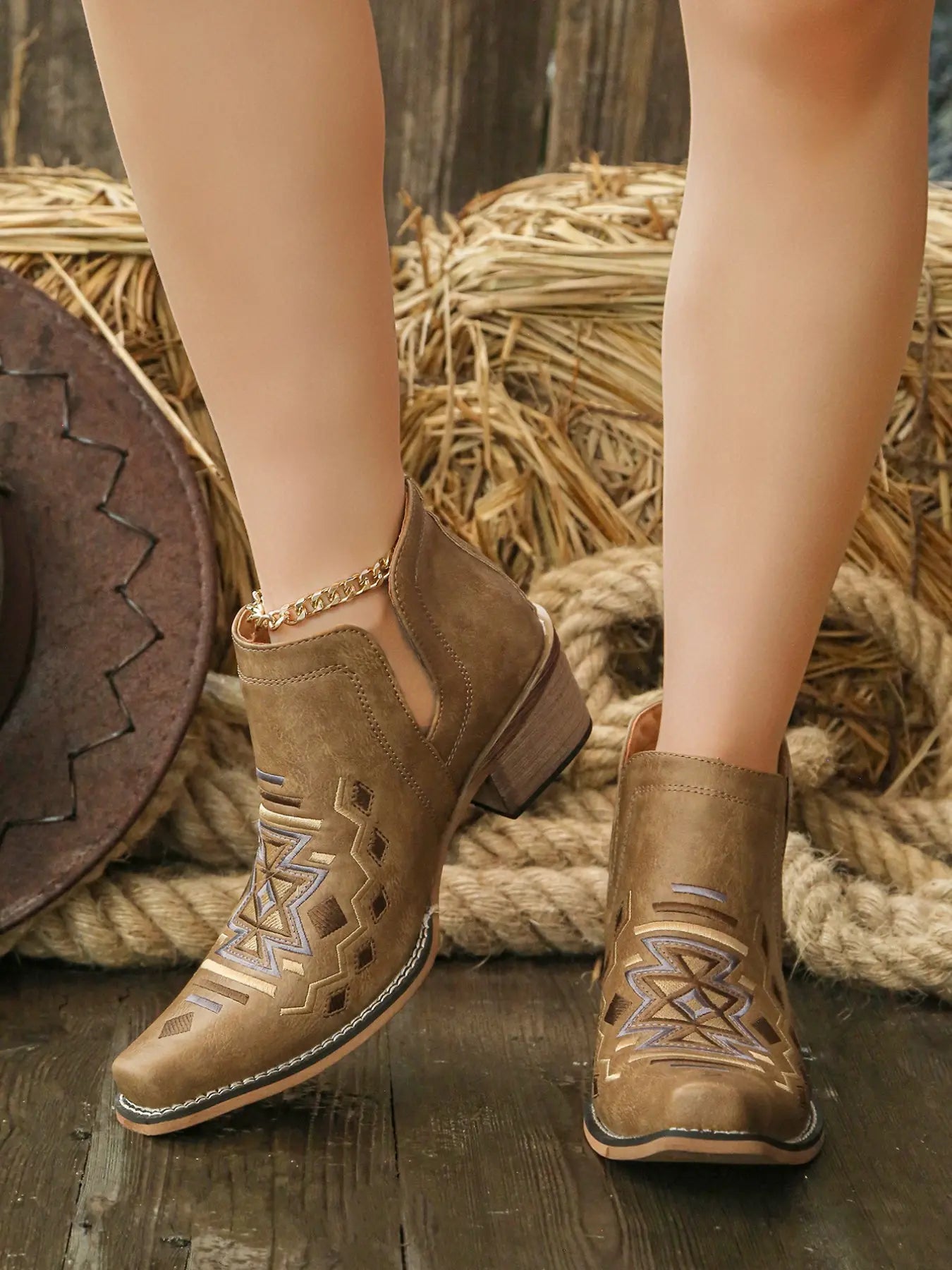 Women's Embroidered Ankle Boots – Western, Low Heel