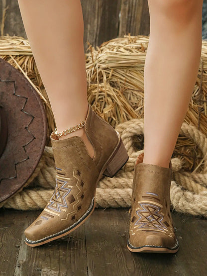 Women's Embroidered Ankle Boots – Western, Low Heel