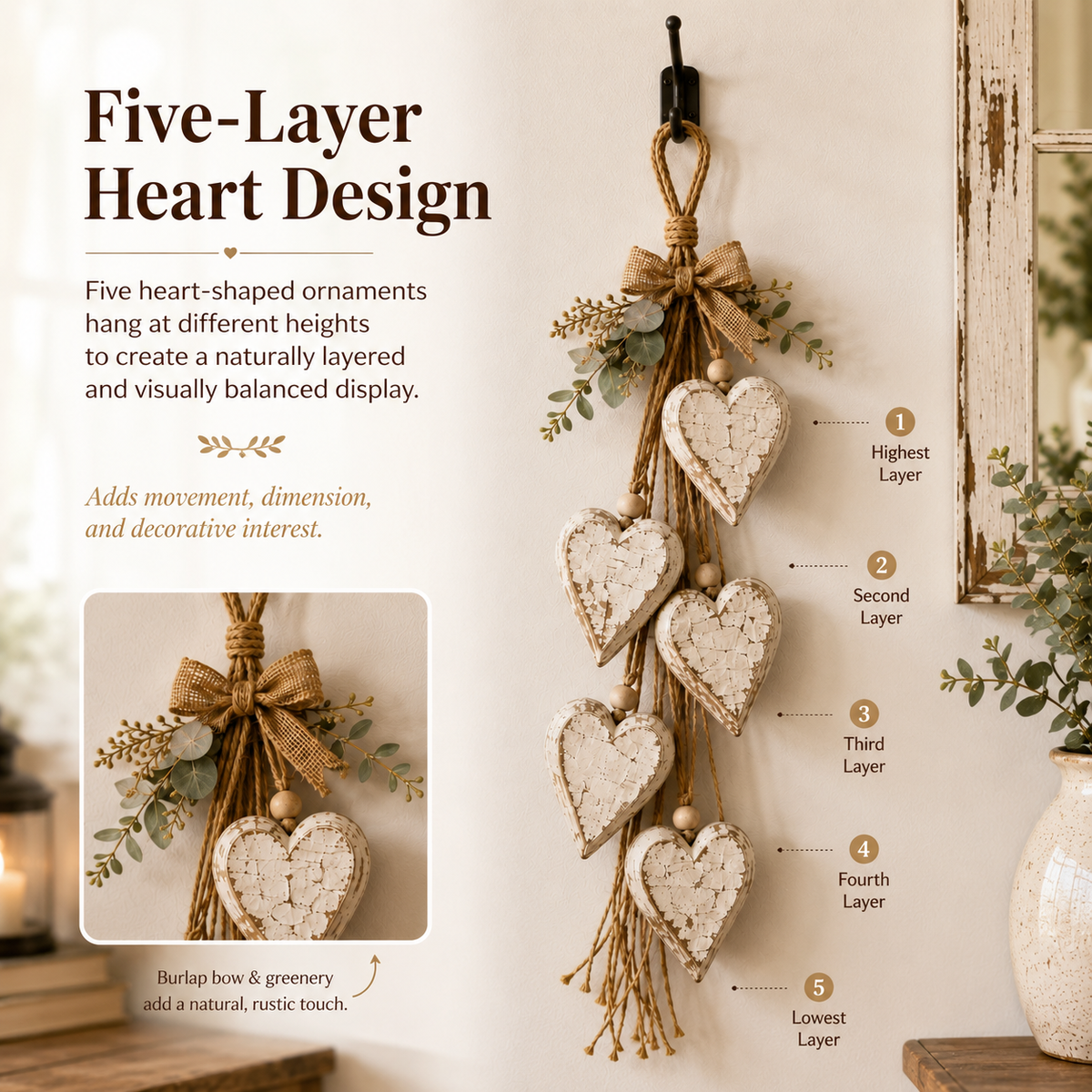 LED Hanging Heart Wall Decor – Warm Glowing Rustic Home Accent