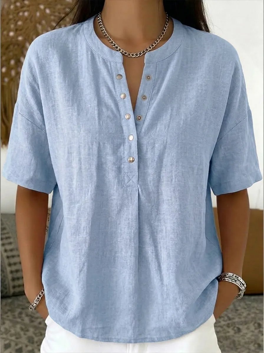New Arrivals Women’s Casual Henley Collar Linen And Cotton Short-sleeve Shirt