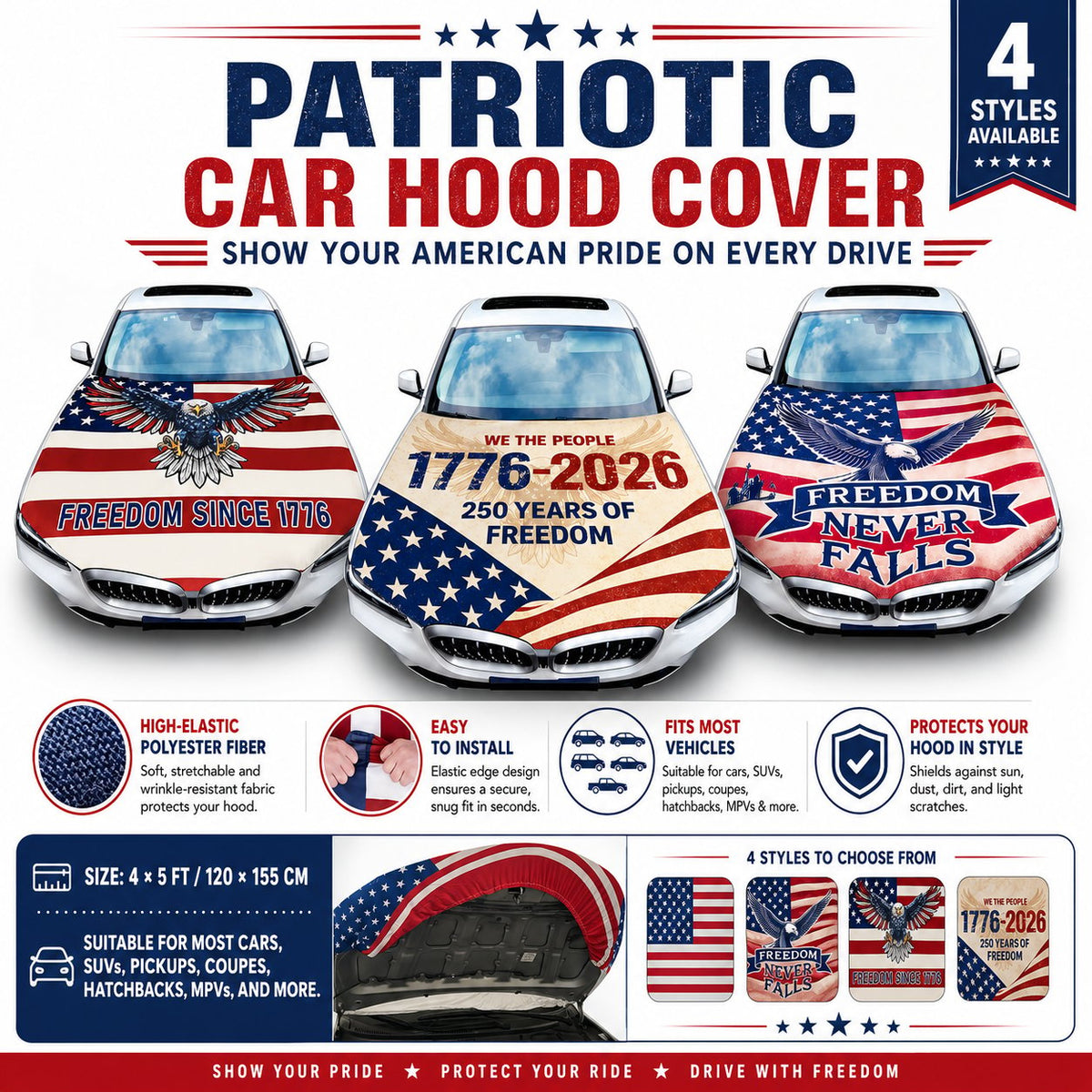 Universal American Hood Flag Cover - Fits Most Cars, SUVs & Pickups