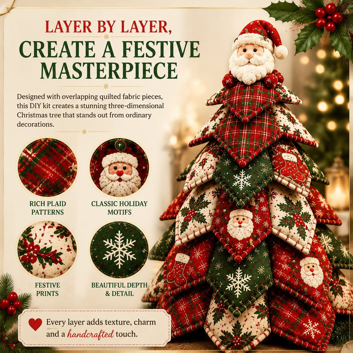 LAST DAY 50% OFF - DIY Quilted Christmas Tree Kit – Handmade Fabric Holiday Tabletop Tree Decor