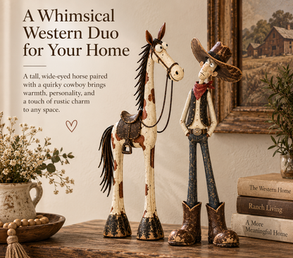 Whimsical Western Cowboy & Horse Figurine Duo