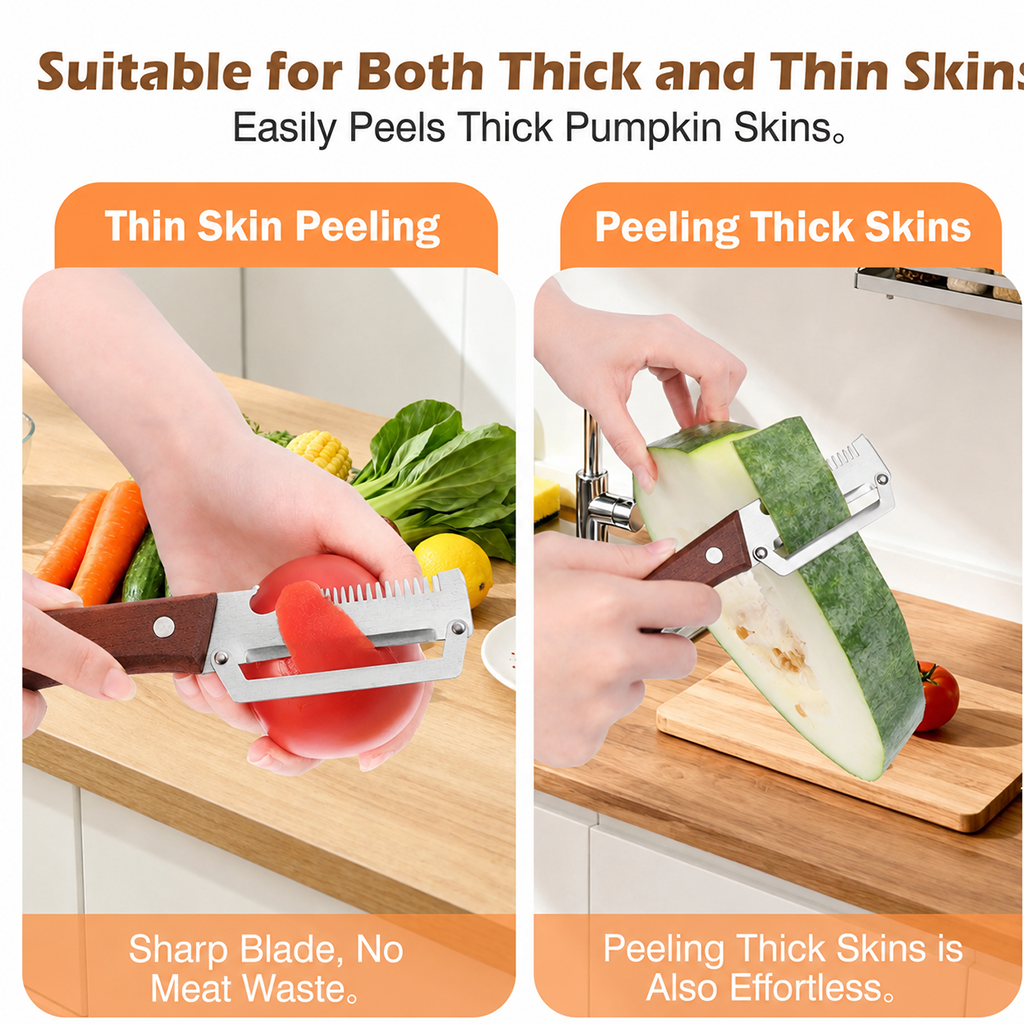 Wooden-Handled Vegetable & Fruit Peeler - Stainless Steel Blade with Built-In Bottle Opener