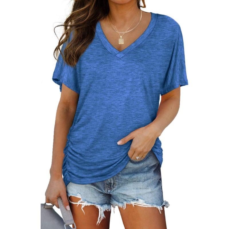 Womens Short Sleeve V Neck Dolman Tops with Side Shirring Loose Fit Shirts