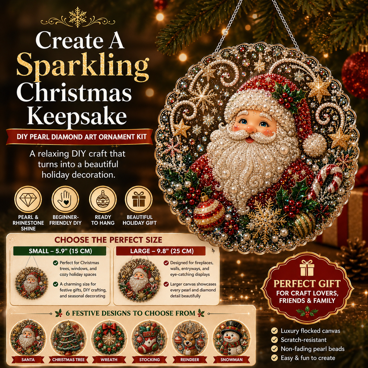 Premium Christmas Pearl Diamond Art Ornament Kit | DIY Holiday Hanging Decor