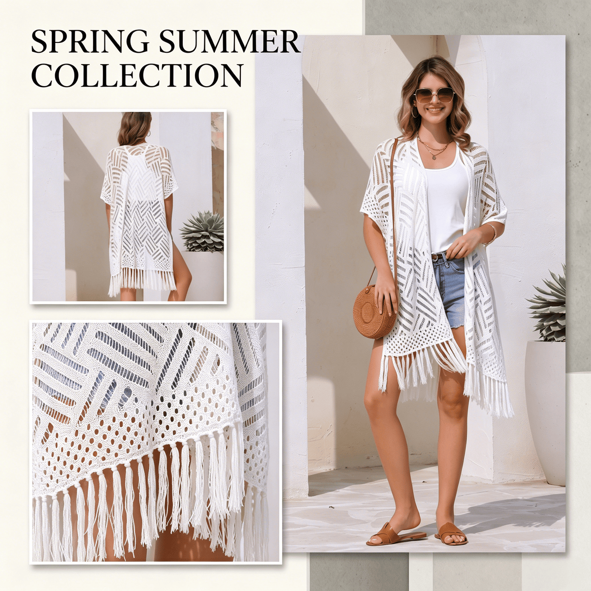 2026 Women’s Lightweight Knit Cardigan – Oversized Open Front, Hollow-Out Crochet Tassel Kimono Sweater for Spring & Summer