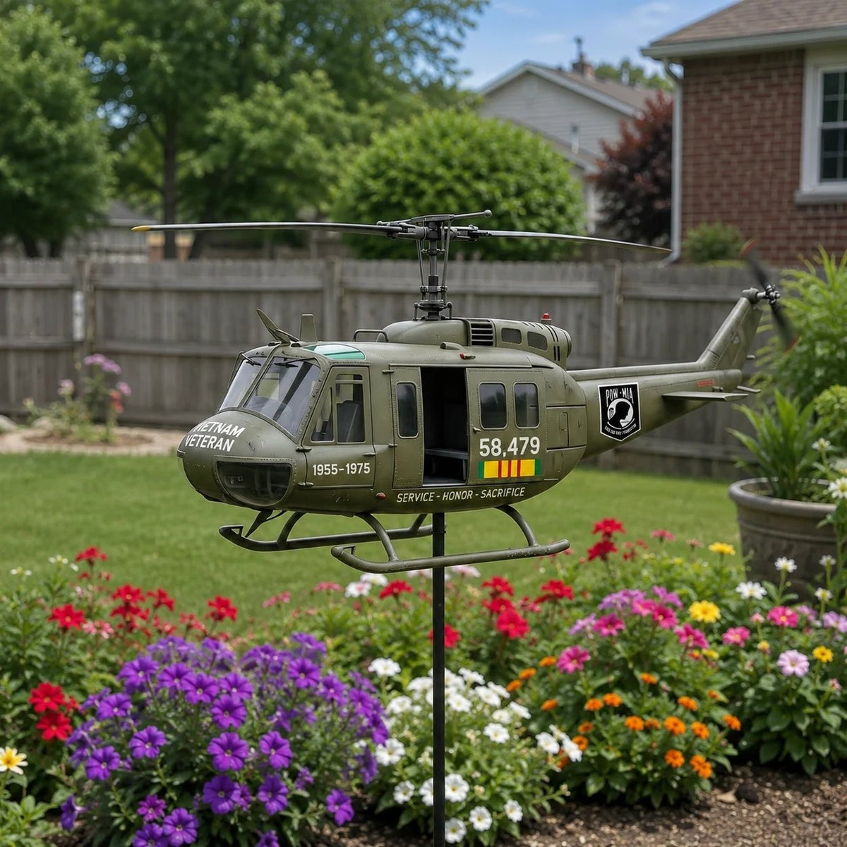 Veteran UH1 Helicopter Metal Wind Spinner Yard Ornament