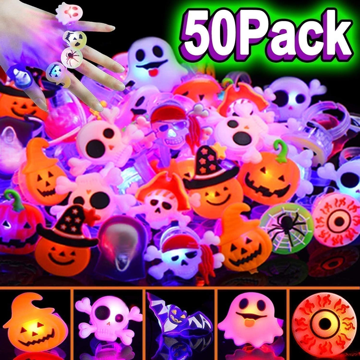 50 Pieces Each Box‼LED Light Halloween Glowing Ring | Flashing Light‑Up Party Favor for Halloween Night