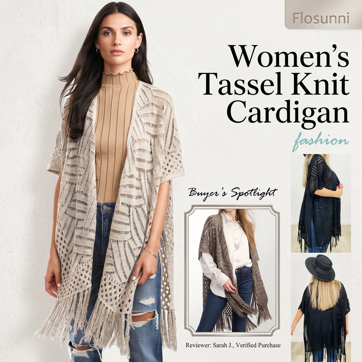 2026 Women’s Lightweight Knit Cardigan – Oversized Open Front, Hollow-Out Crochet Tassel Kimono Sweater for Spring & Summer