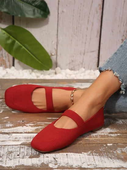 Women's Knit Mary Jane Flats – Square Toe, Heel Strap, Slip-On