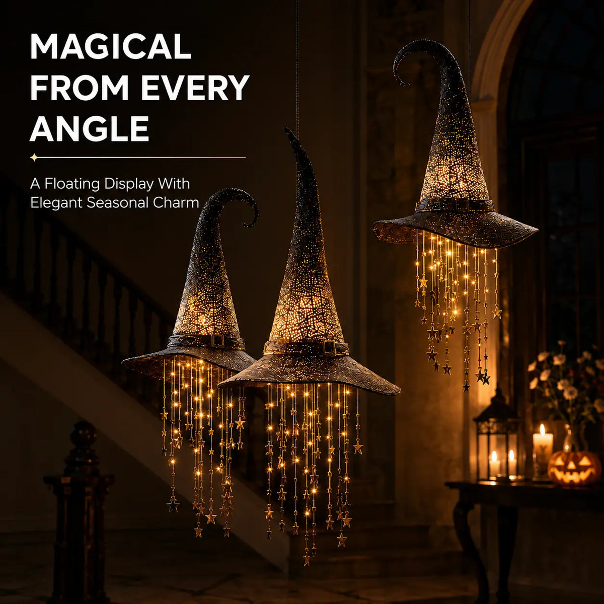 Lighted witch Hat Hanging Decor with Cascading Stars