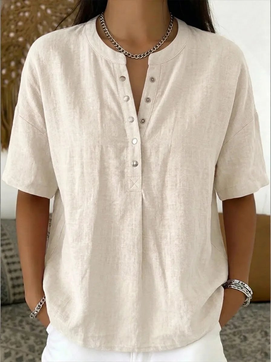 New Arrivals Women’s Casual Henley Collar Linen And Cotton Short-sleeve Shirt