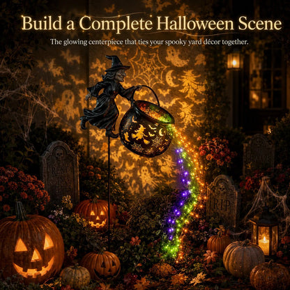 LAST DAY 50% OFF- Flying Witch & Glowing Cauldron Garden Light – Magical Halloween Yard Display
