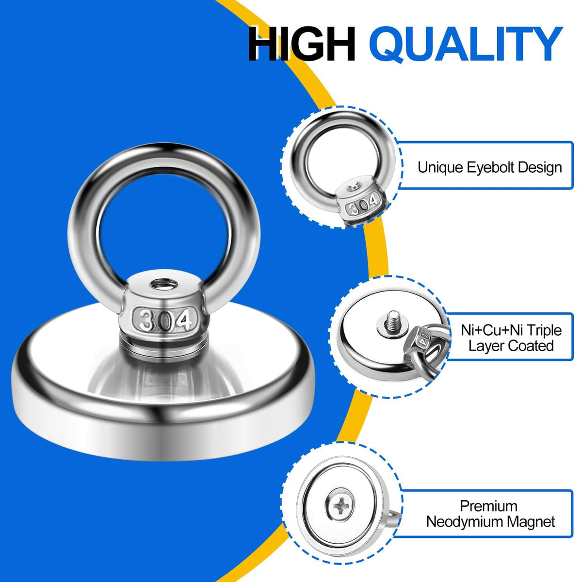 350 LBS Heavy Duty Fishing Magnet, Magnet with Countersunk Eyebolt