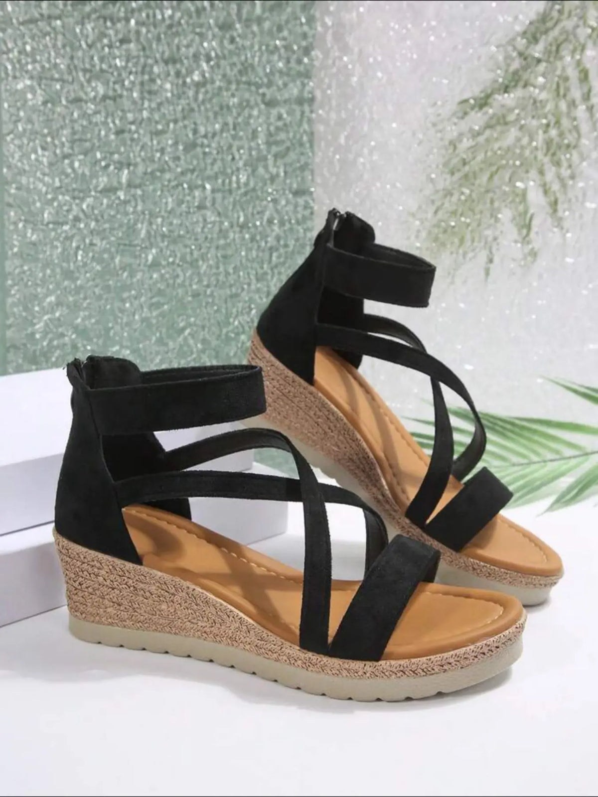 Women's Velvet Wedge Sandals – Chunky Sole, Cross-Strap