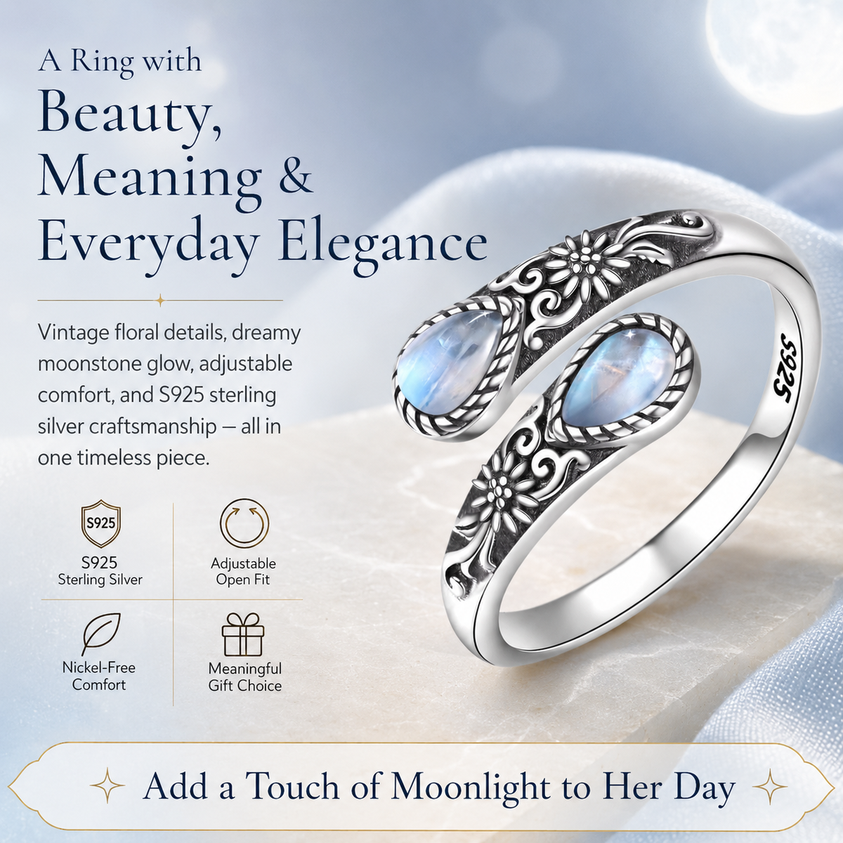 Last Day 50% OFFMoonstone Bloom Ring | Vintage Style • Adjustable Fit • Timeless Elegance