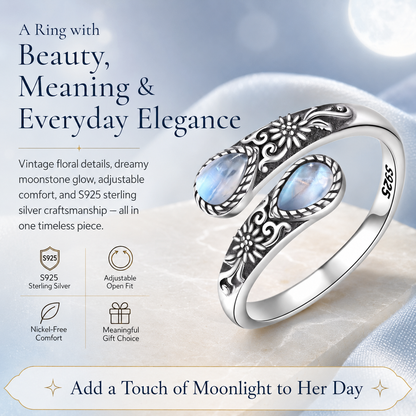 Last Day 50% OFFMoonstone Bloom Ring | Vintage Style • Adjustable Fit • Timeless Elegance