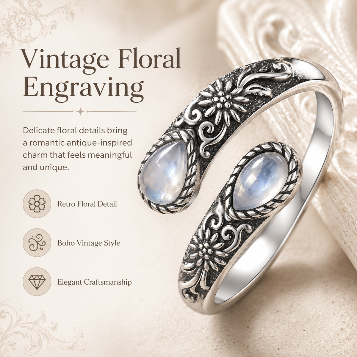 Last Day 50% OFFMoonstone Bloom Ring | Vintage Style • Adjustable Fit • Timeless Elegance