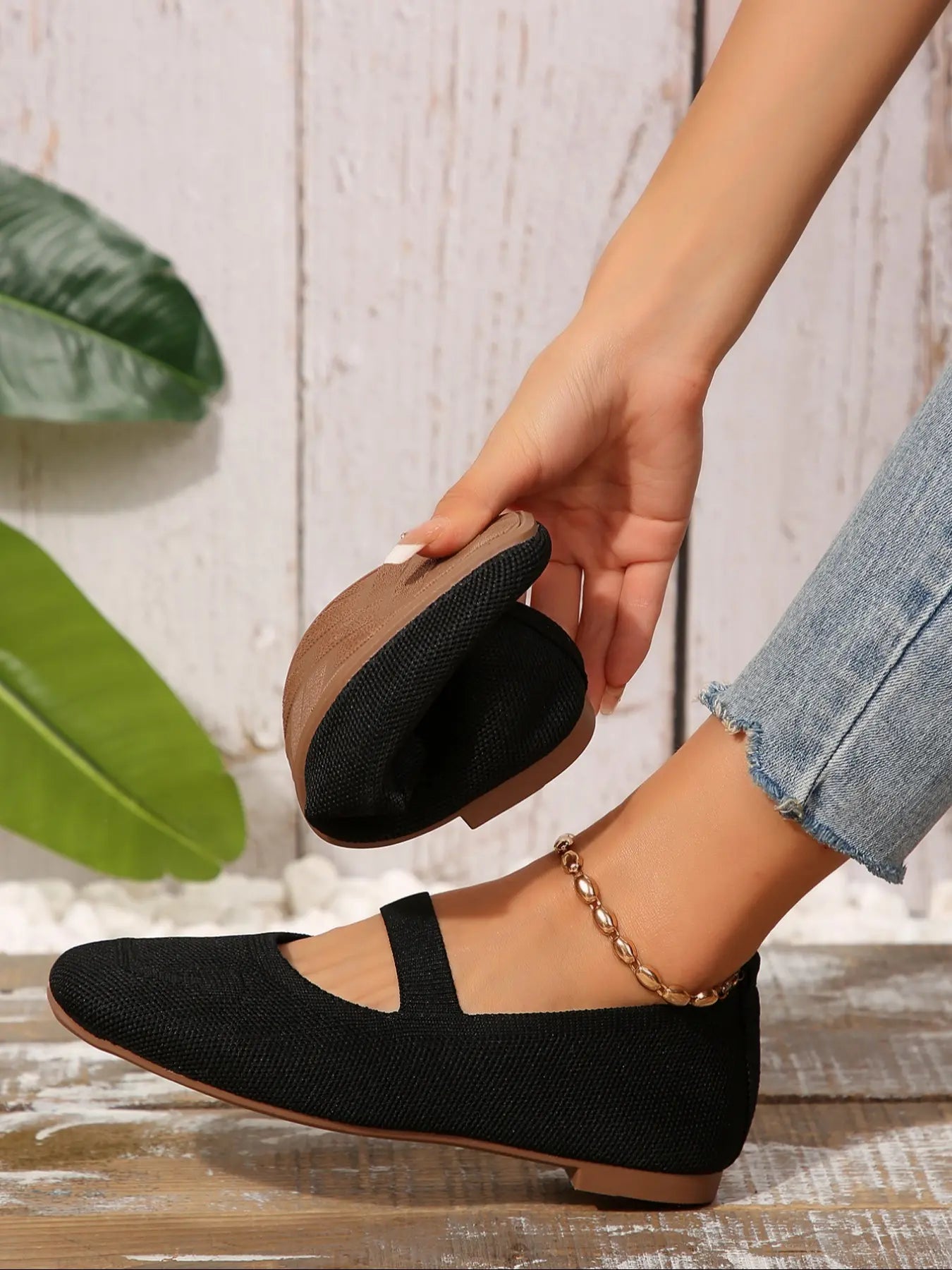 Women's Knit Mary Jane Flats – Square Toe, Heel Strap, Slip-On