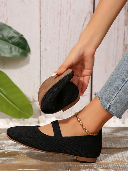 Women's Knit Mary Jane Flats – Square Toe, Heel Strap, Slip-On