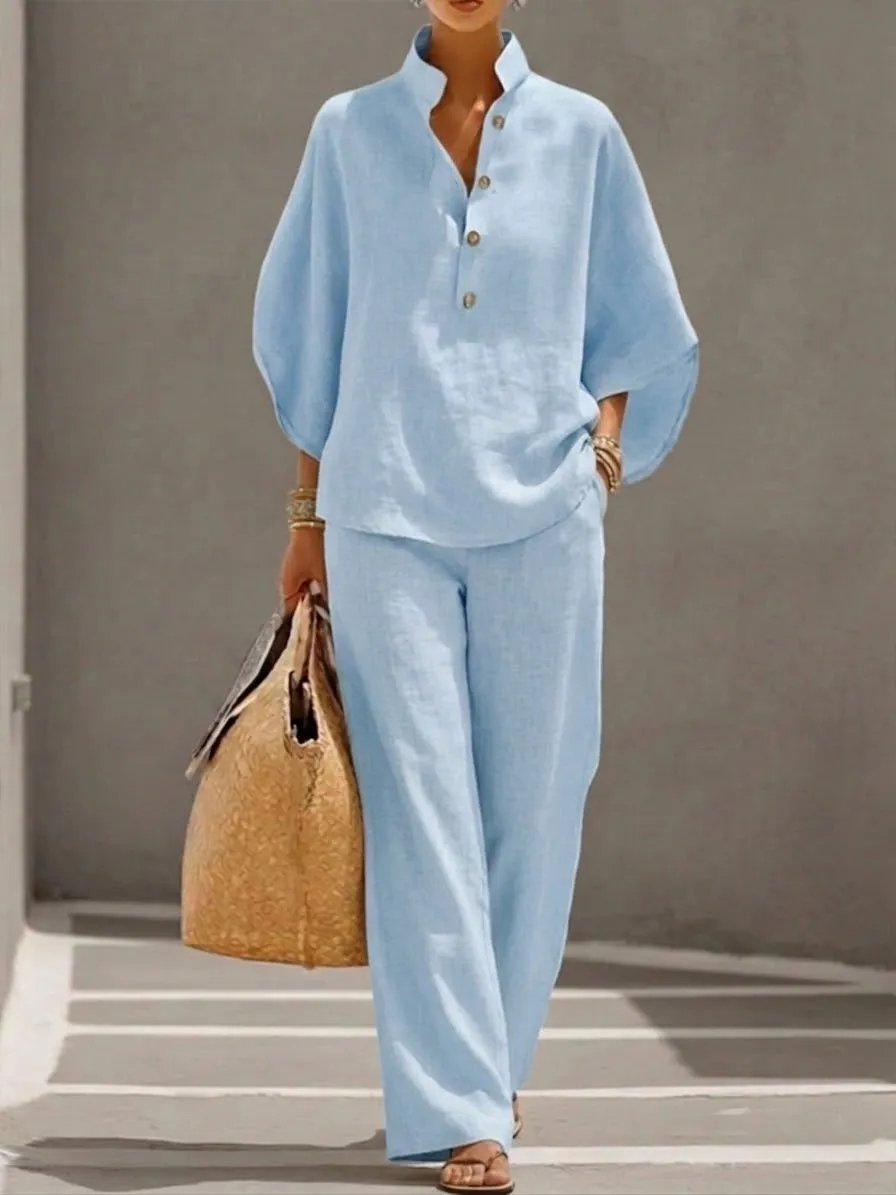 Women's Batwing Sleeve Two-Piece Set – Casual Shirt & Wide Leg Pants Outfit
