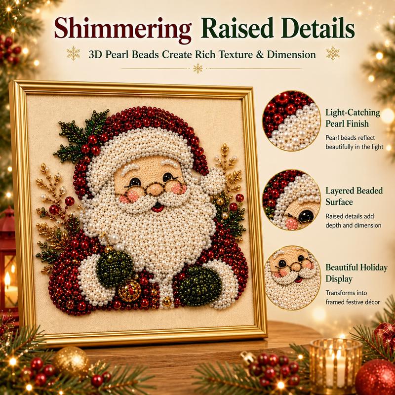 Frameless 3D Beaded Christmas Pearl Diamond Painting, Xmas Wreath Stocking Mosaic Art