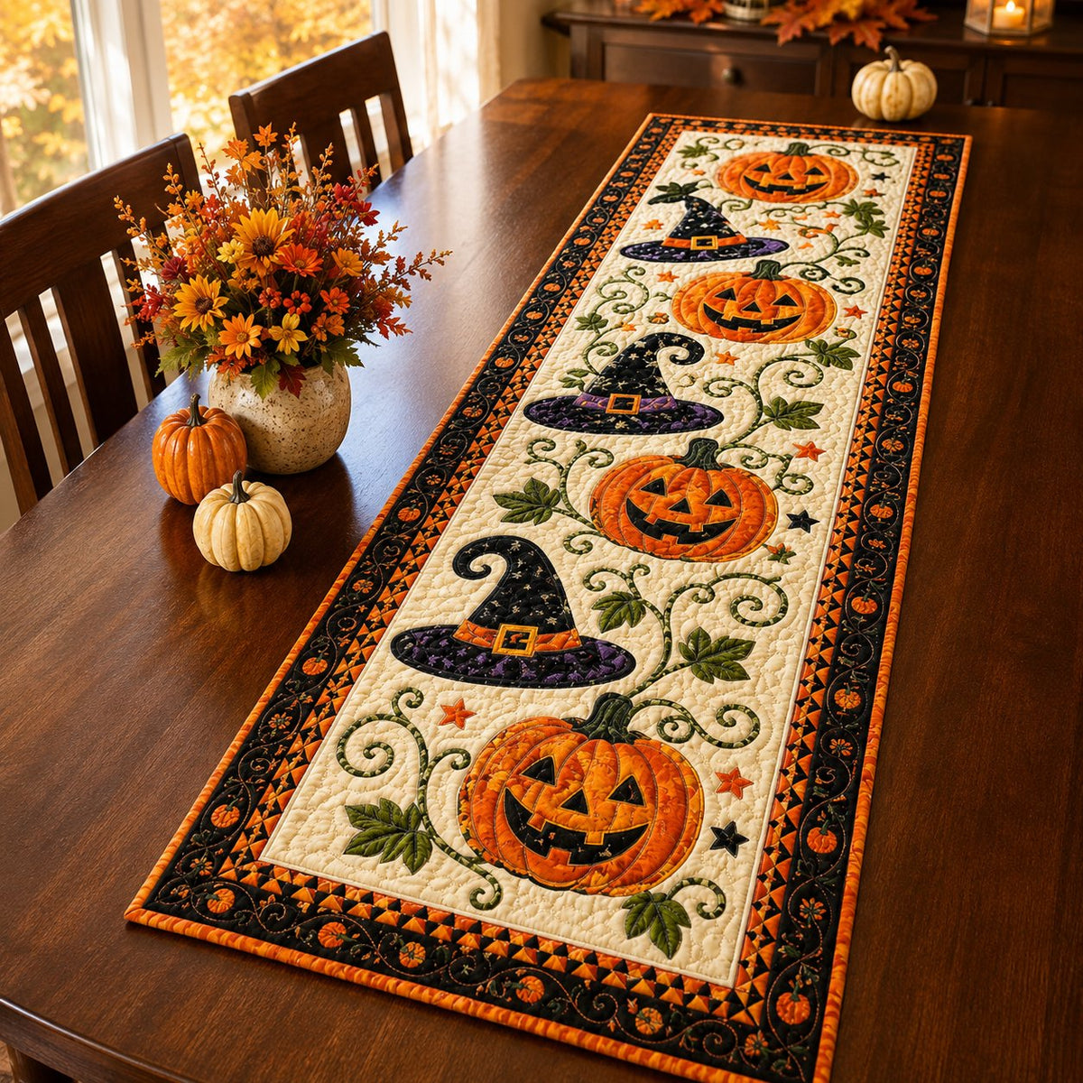 Rustic Quilted Autumn Table Runner – Cozy Harvest Table Decor