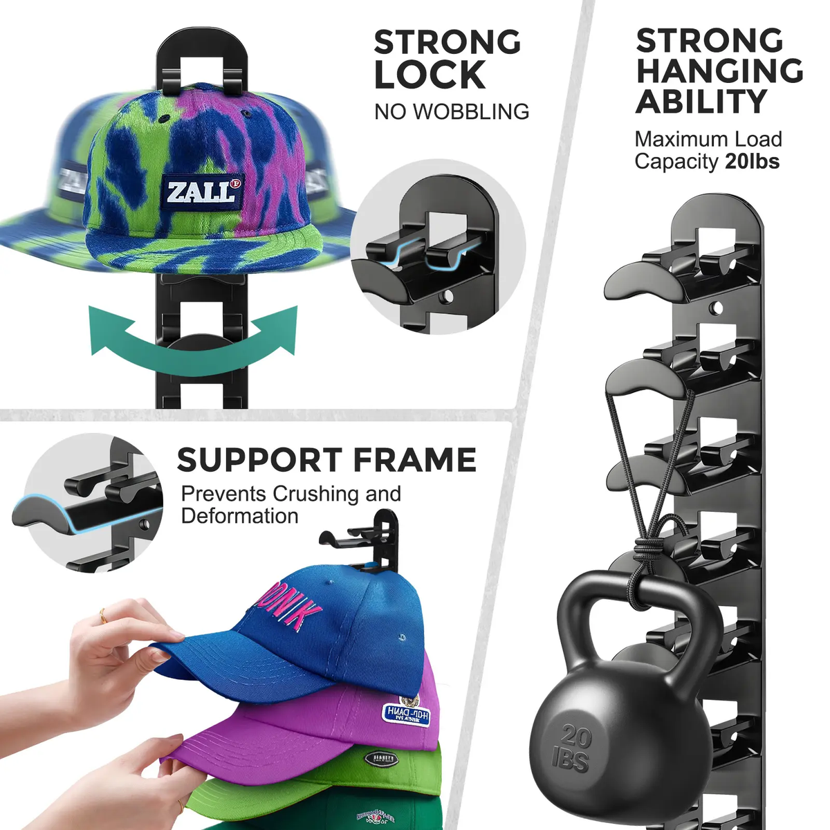 Wall-mounted hat rack – each rack can hold 10 hats